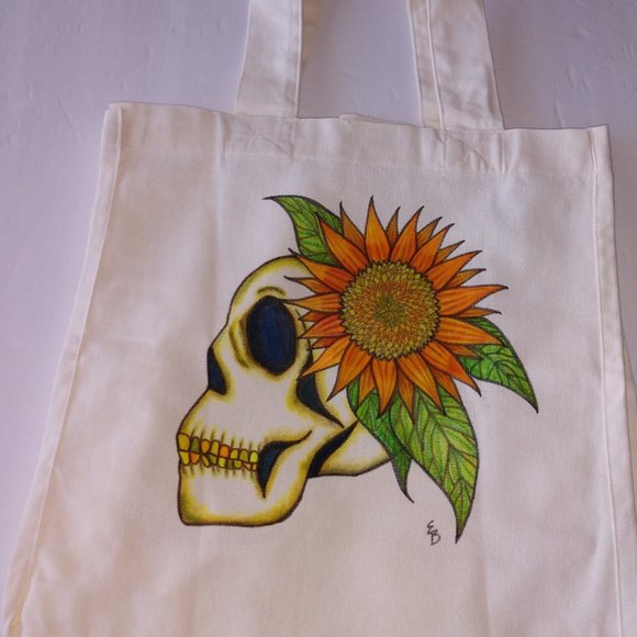Hand Painted Skull Tote Bag: Sunflower Art, Reusable Canvas Bag 14x13x7 - Picture 16 of 16